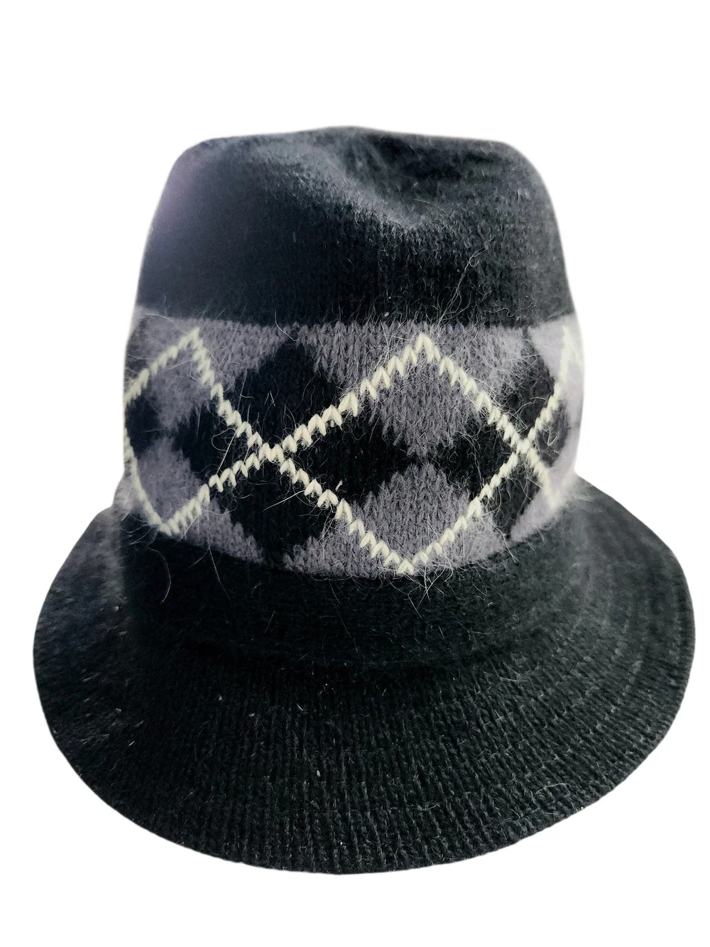 Fedora Cloche Bucket Hat Black And Grey Argyle Knit Wool/ Angora - Unbranded